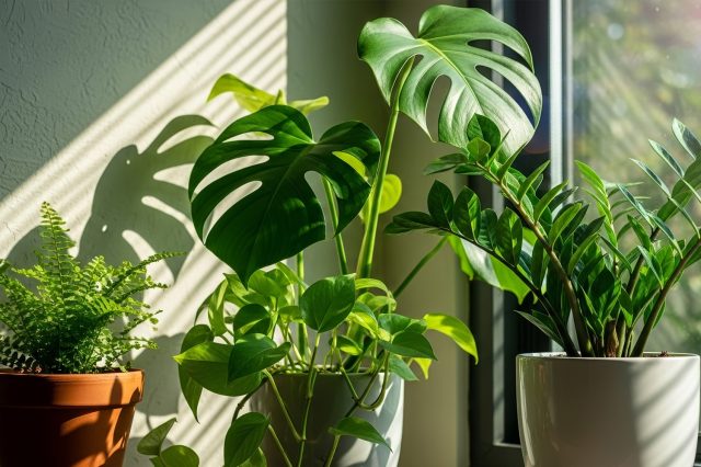 Группа комнатных растений, включая монстеру и замиокулькас, стоит на подоконнике под лучами яркого солнца