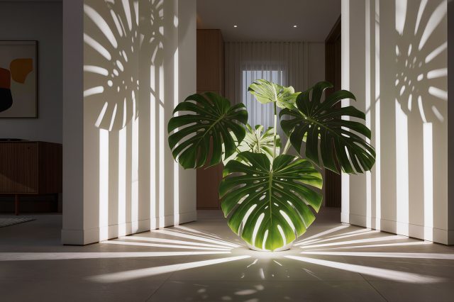 Монстера освещенная снизу лампой, отбрасывающая крупные тени на стену