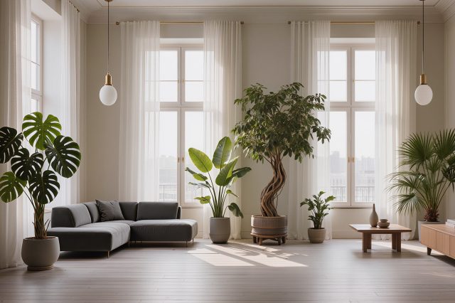 Светлая гостиная с крупными комнатными растениями, расставленными на расстоянии друг от друга вдоль окон