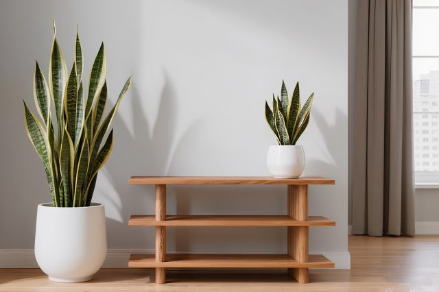 Высокая сансевиерия в напольном кашпо и миниатюрный суккулент с похожими острыми листьями на полке, создающие стилевое единство