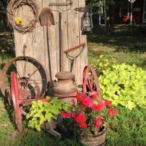 Натюрморт у старого деревянного забора: садовые инструменты (лопата, грабли, мотыга), керосиновая лампа, колеса от телеги, молочный бидон и кашпо с геранью