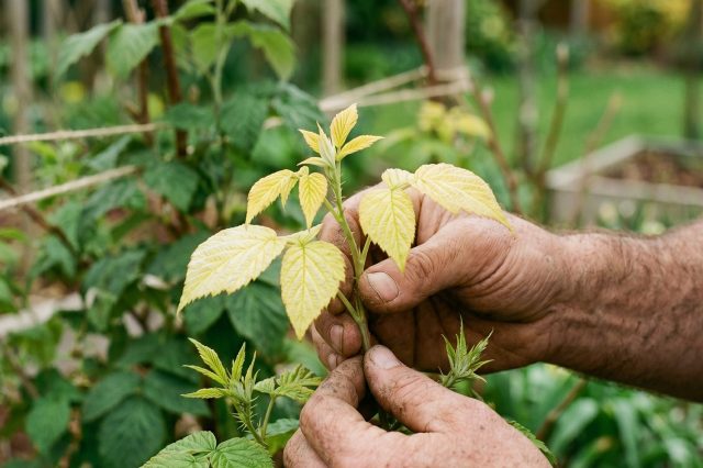 Пожелтевшие молодые листья малины (дефицит азота)