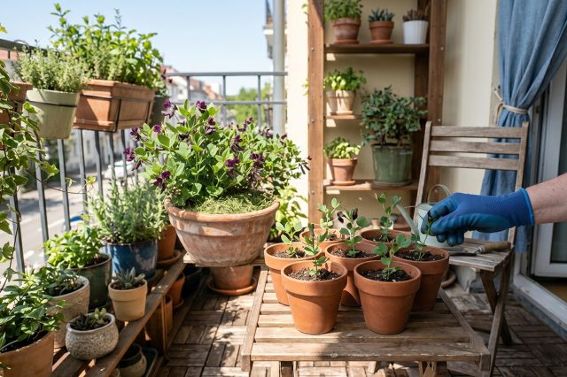 Сеянцы четырехкрыльника пурпурного в маленьких горшках на столике на балконе