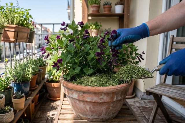 Выращивание четырехкрыльника пурпурного в большом глиняном кашпо на солнечном балконе