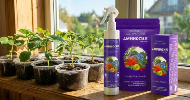 В апреле рассада уже активно набирает силу, и именно сейчас ей особенно нужна поддержка. Регулярные корневые и листовые подкормки помогут сеянцам расти крепкими, не вытягиваться и легче переносить пересадки. Для этого используем Аминосил универсальный в виде концентрата, спрея или гранул. 