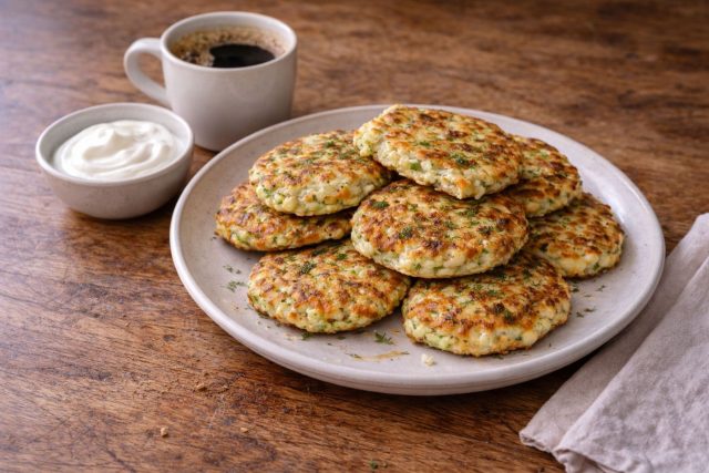 Оладьи из кабачка или моркови с добавлением творога. Нежные внутри, с лёгкой корочкой снаружи. Творог делает их сытнее и помогает держать форму.