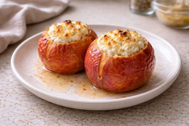 Мягкие запечённые яблоки с творогом, орехами и изюмом внутри. Кожура слегка трескается, начинка становится нежной — тёплый и уютный десерт.