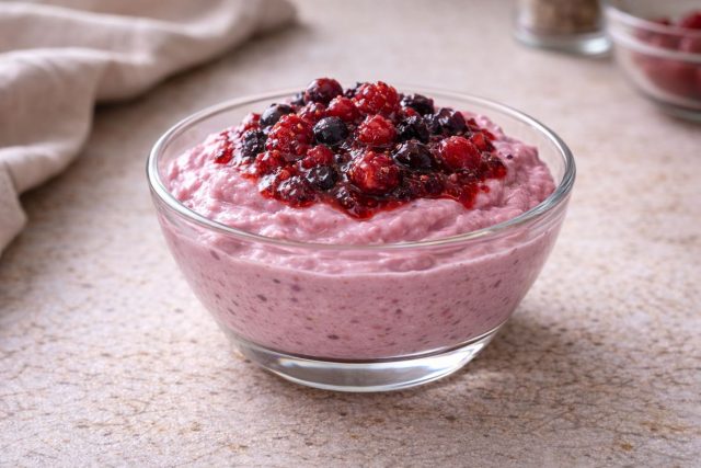 Лёгкий творожный мусс с ягодным пюре. Воздушная текстура и свежий вкус делают его хорошим вариантом для лёгкого десерта.