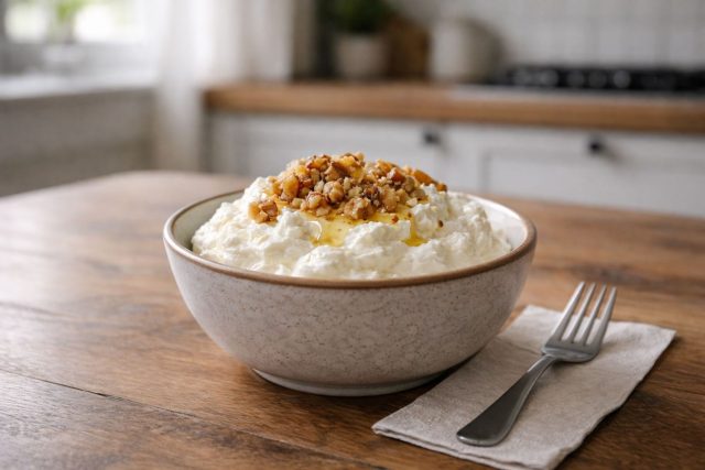 Воздушный творожный крем с мёдом и кусочками орехов — простой вариант, когда хочется чего-то сладкого и сытного. Нежная текстура, лёгкая сладость и хруст делают его отличным быстрым завтраком или перекусом.