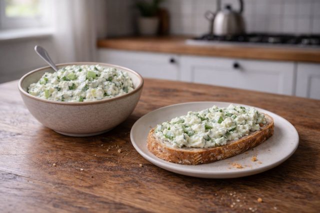 Свежая творожная намазка с огурцом и чесноком — простая и ароматная. Лёгкая текстура, хруст овощей и яркий вкус делают её удобным вариантом для бутербродов или быстрого перекуса.