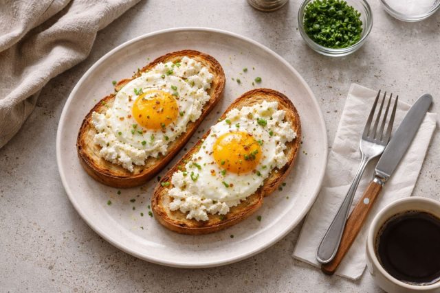 Поджаренный хлеб с творогом и запечённым яйцом. Белок схватывается, желток остаётся мягким, а творог добавляет кремовую текстуру. Сытный и быстрый завтрак без лишних действий.