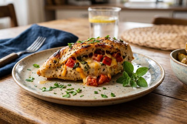 Филе, раскрытое как карман и заполненное сыром и томатами. При запекании начинка расплавляется, создавая сочную и ароматную середину.