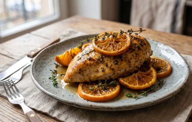 Запечённое филе с карамелизированным апельсином и ароматом тимьяна. Лёгкая кисло-сладкая глазировка делает вкус глубже и интереснее.