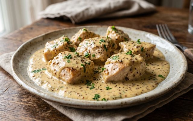 Обжаренные куски курицы, запечённые в густом сливочно-горчичном соусе. Насыщенный, обволакивающий вкус с лёгкой остротой и кремовой текстурой.