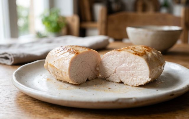 Курица, приготовленная при низкой температуре, сохраняет максимальную сочность. Волокна остаются мягкими, а текстура — равномерной и нежной.