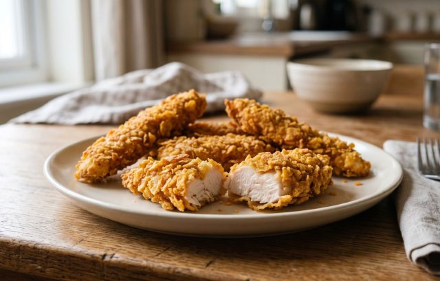 Запечённые куриные полоски с хрустящей панировкой из кукурузных хлопьев. Снаружи плотная корочка, внутри сочное мясо без лишнего жира и эффекта фритюра.
