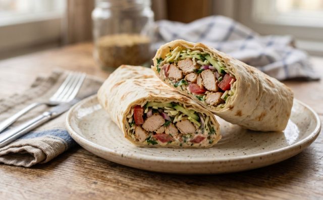 Плотно свернутый лаваш с курицей, свежими овощами и лёгким йогуртовым соусом. Сбалансированное сочетание текстур, удобно есть и брать с собой.