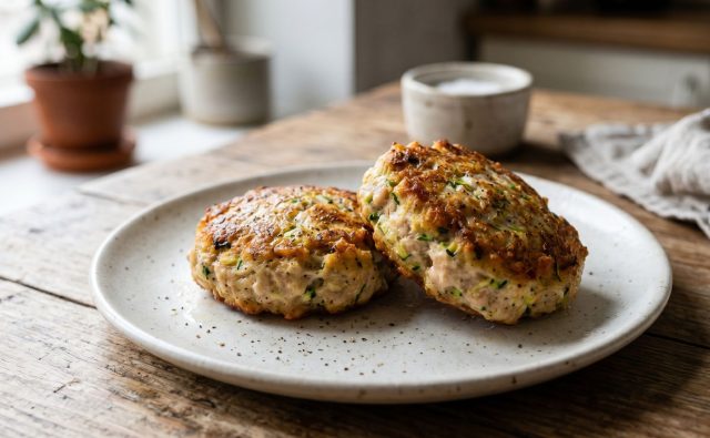 Куриные котлеты с добавлением кабачка, который делает текстуру мягкой и сочной. Лёгкая золотистая корочка снаружи и нежная влажная структура внутри.
