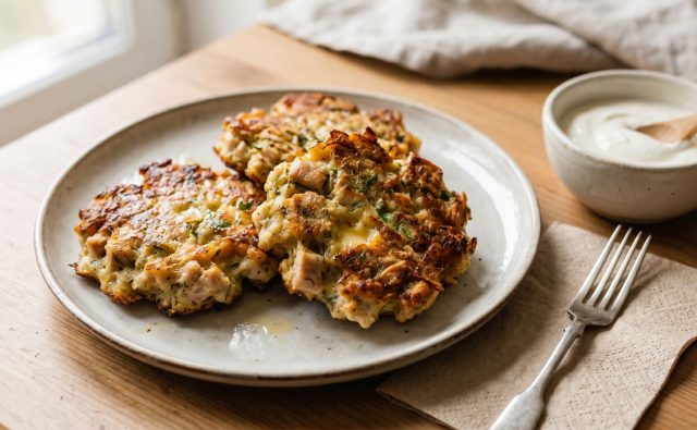 Мелко нарезанная курица, соединённая сыром и яйцом, обжаренная до румяной корочки. Плотная текстура с выраженными кусочками и насыщенным вкусом.