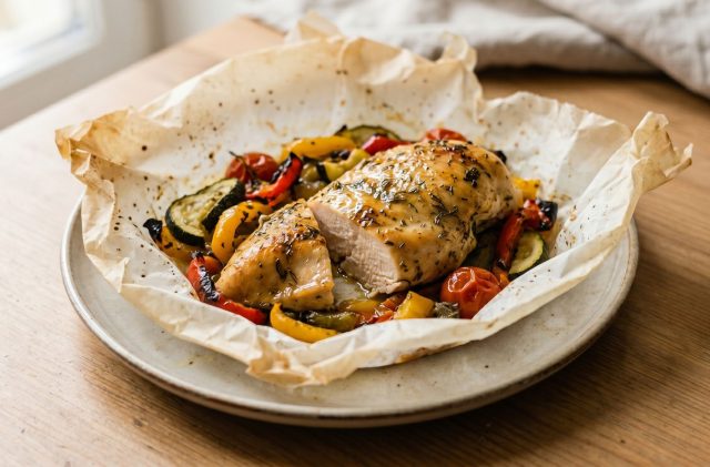 Курица, запечённая в пергаменте с овощами, готовится в собственном соку. Мясо остаётся сочным, а овощи мягкими и насыщенными вкусом.