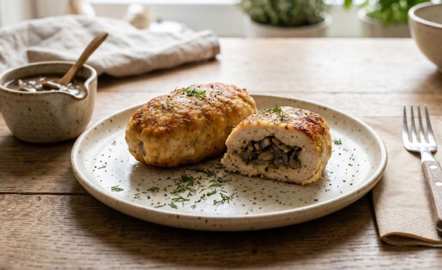 Куриные котлеты с сочной начинкой из грибов и лука внутри. При разрезе раскрывается насыщенный вкус и контраст текстур.