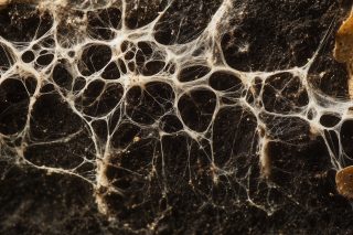 Мицелий: Почвенный интернет и союзник гумуса Микоризные грибы, пронизывающие темный пористый почвенный субстрат.