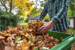 Листовой опад: Эликсир для гумуса Горсть сухих золотисто-коричневых осенних листьев в зеленом компостном контейнере