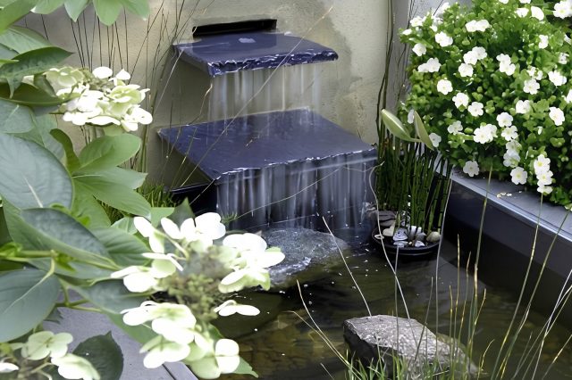 Дождевой сад во дворе дома во время поглощения ливневых стоков