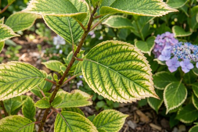 Листья гортензии с признаками краевого хлороза и истончением краев пластины