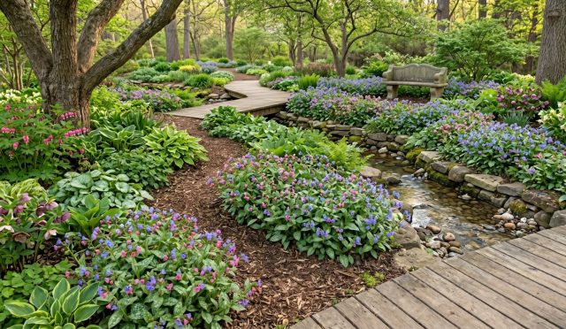 Композиция из медуницы, хост и гейхер вдоль извилистой садовой дорожки в полутени