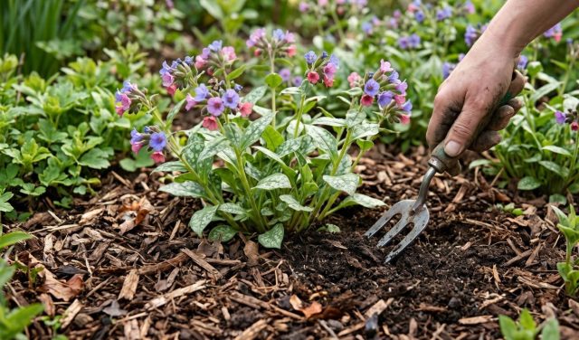 Процесс рыхления почвы вокруг куста медуницы и внесение древесной коры в качестве мульчи.
