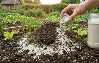 Насыпаем на грядку слой диатомовой земли для уничтожения муравьев