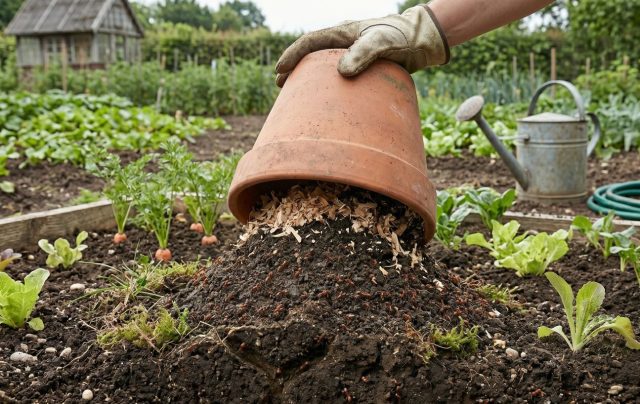 Перемещение муравьев с приподнятой грядки с помощью глиняного горшка