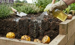 Залив лимонного отвара в муравейник на грядке