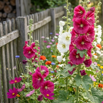 Крупный план: высокие стебли цветущей розовой мальвы (шток-розы) с крупными цветами и нераскрывшимися бутонами на фоне деревянного забора и зелени