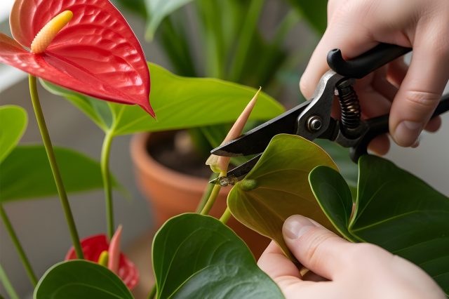 Удаление старых цветков Сравнение старого позеленевшего цветка антуриума и молодого бутона