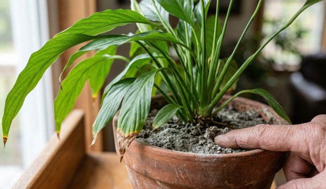 Весной растение пьёт больше, но полив остаётся зимним. Верх почвы выглядит нормально, а внутри уже сухо. Корни временно без воды — листья реагируют подсушенными кончиками и лёгким пониканием.