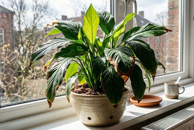 Весеннее солнце уже агрессивное, особенно через стекло. Лист перегревается, и края подсыхают, иногда с обесцвечиванием. Чаще страдают листья, которые получают прямые лучи в середине дня.