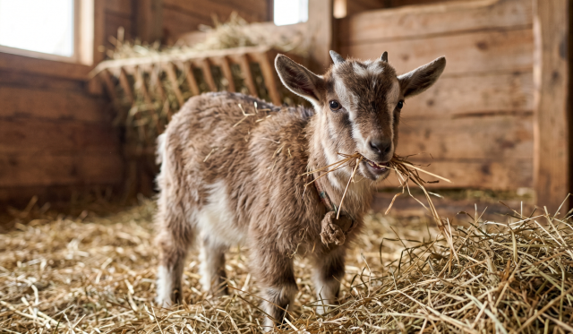 Пятнистый козленок в деревянном хлеву жует качественное сено, стоя на глубокой соломенной подстилке на фоне сенника