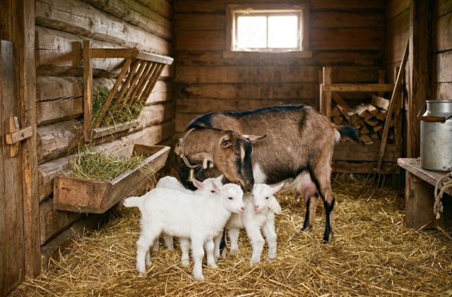 Взрослая коза и три белых козленка в деревянном загоне на фоне сенника и соломенной подстилки