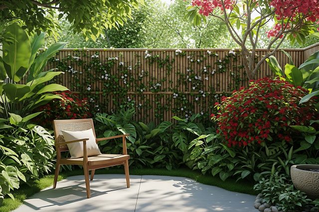 Уединенный уголок с уютным креслом для отдыха в саду