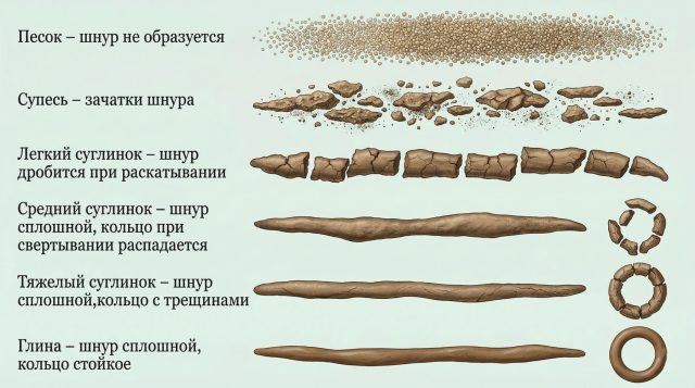 Механический состав почвы определяют простым полевым тестом: из влажной земли со штыка лопаты пытаются скатать шнур и свернуть его в кольцо. Не получается — песок, распадается — супесь, держит форму — больше глины.