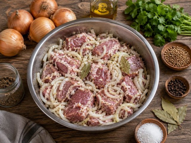 Луковый маринад даёт шашлыку тот самый классический аромат: мясо получается сочным, мягким, с лёгкой сладостью лука, пряным перцем и румяной корочкой после жарки на углях. Луковый маринад даёт шашлыку тот самый классический аромат: мясо получается сочным, мягким, с лёгкой сладостью лука, пряным перцем и румяной корочкой после жарки на углях.