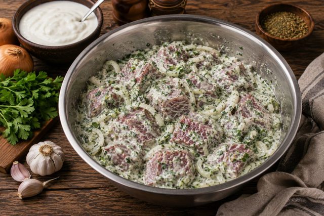 Кавказский маринад с мацони и зеленью делает мясо нежным и свежим на вкус. Кинза, петрушка, чеснок и хмели-сунели дают шашлыку выразительный южный аромат без лишней тяжести. Кавказский маринад с мацони и зеленью делает мясо нежным и свежим на вкус. Кинза, петрушка, чеснок и хмели-сунели дают шашлыку выразительный южный аромат без лишней тяжести.