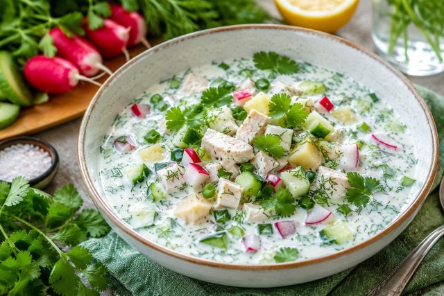 Окрошка на айране с курицей и кинзой