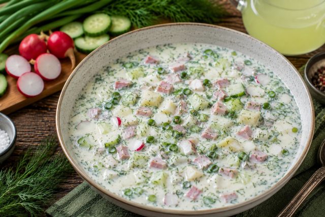 Окрошка на сыворотке со сметаной и чесноком