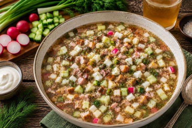 Окрошка на комбуче с копчёной курицей
