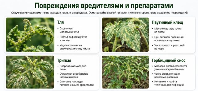 Симптомы повреждения томатов вредителями и препаратами