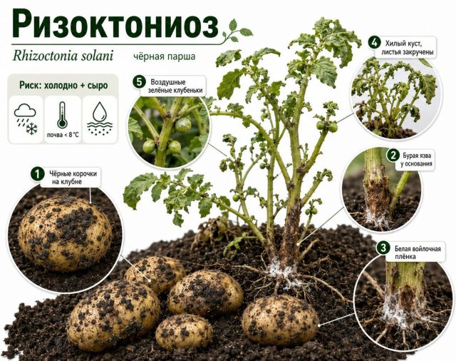 Симптомы ризоктониоза (чёрная парша) картофеля