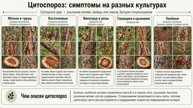 Симптомы цитоспороза на разных культурах